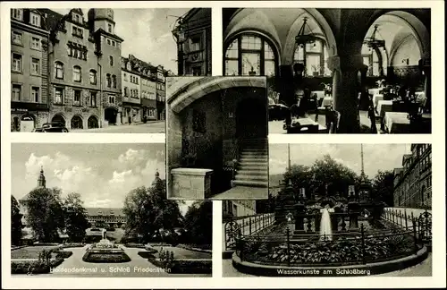 Ak Gotha in Thüringen, Ratskeller, Wasserkünste am Schlossberg, Schloss Friedenstein, Heldendenkmal