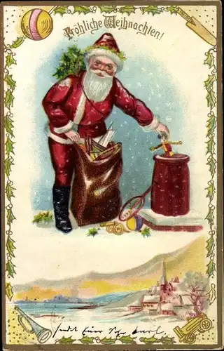 Präge Ak Glückwunsch Weihnachten, Weihnachtsmann, Spielzeuge, Geschenkesack