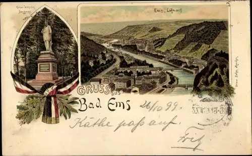 Litho Bad Ems an der Lahn, Kaiser Wilhelm Denkmal, Blick auf den Ort