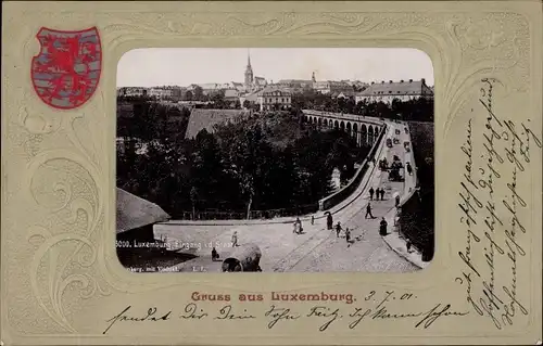 Präge Wappen Passepartout Ak Luxemburg, Eingang in die Stadt mit Viadukt