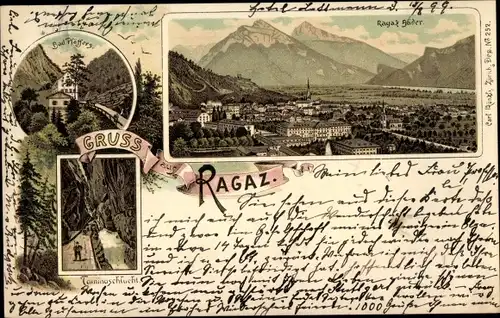 Litho Bad Ragaz Kanton St. Gallen, Bad Pfäffers, Taminaschlucht, Totalansicht der Ortschaft