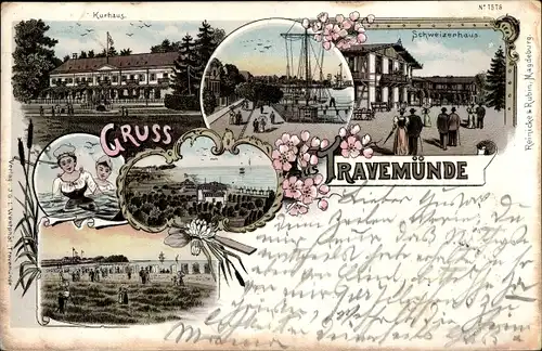 Litho Ostseebad Travemünde Lübeck, Schweizerhaus, Kurhaus, Strandpartie