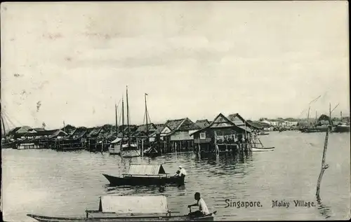 Ak Singapore Singapur, Malay Village, Pfahlbauten