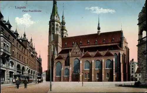 Ak Legnica Liegnitz Schlesien, Peter Paul Kirche, Straßenbahn