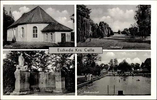 Ak Eschede in der Lüneburger Heide, Heideweg, Badeanstalt, Kirche, Kriegerdenkmal