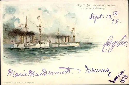 Künstler Litho Deutsches Kriegsschiff, SMS Deutschland und SMS Gefion unter Volldampf