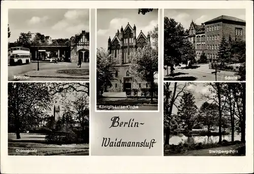 Ak Berlin Reinickendorf Waidmannslust, Königin Luise Kirche, Steinberg Park, Dianaplatz, S Bahnhof
