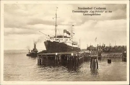 Ak Nordseebad Cuxhaven, Dampfer Cap Polonio an den Landungsbrücken, HSDG