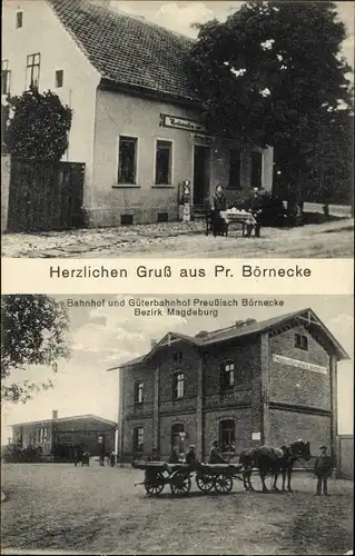 Ak Preußisch Börnecke Groß Börnecke Hecklingen Salzlandkreis, Gasthaus, Bahnhof, Güterbahnhof