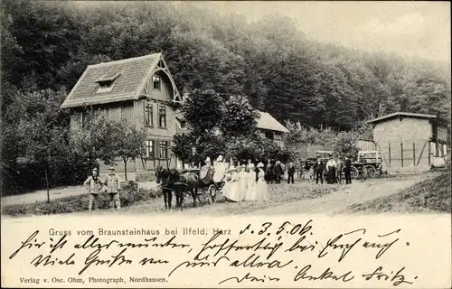 Ak Ilfeld Harztor Kreis Nordhausen Thüringen, Gasthaus Braunsteinhaus, Kutsche