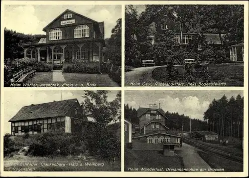 Ak Wanderheime im Harz, Heim Wöhler Altenbrak, Heim Gaul Rübeland, Heim Schrader Blankenburg