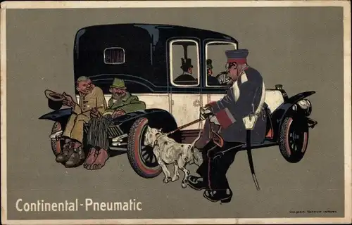 Künstler Ak Continental Pneumatic, Reklame, Auto, Landstreicher, Polizist