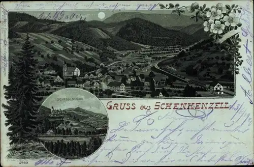 Mondschein Litho Schenkenzell im Schwarzwald, Panorama vom Ort, Schenkenburg