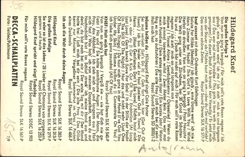 Ak Sängerin Hildegard Knef, Portrait, Autogramm, Decca