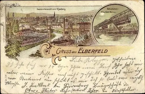 Litho Elberfeld Wuppertal, Schwebebahn, Gesamtansicht vom Kiesberg