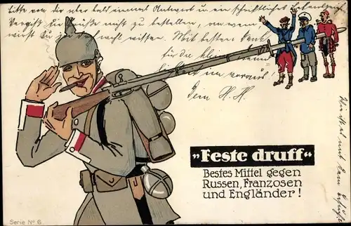 Künstler Ak Feste druff, Beste Mittel gegen Russen; Franzosen, Engländer, Soldat, Bajonett