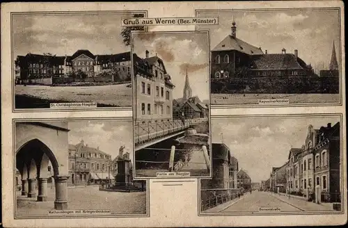 Ak Werne an der Lippe Westfalen, Rathausbogen, Kriegerdenkmal, Kapuzinerkloster, Hospital
