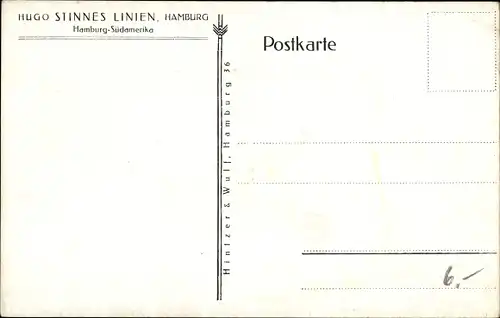 Künstler Ak Hugo Stinnes Linien, Dampfer Hamburg Südamerika