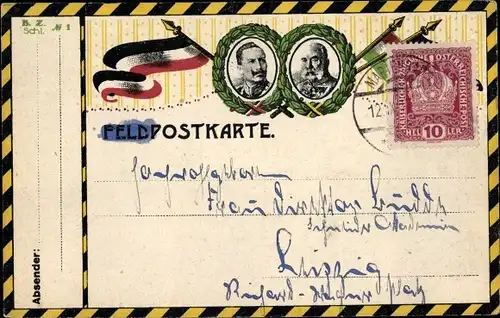 Ak Kaiser Franz Joseph I., Kaiser Wilhelm II., Portrait, Fahnen