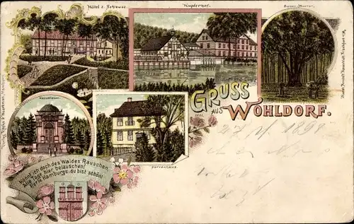 Litho Hamburg Wandsbek Wohldorf, Hotel zur Schleuse, Mausoleum, Herrenhaus, Wappen