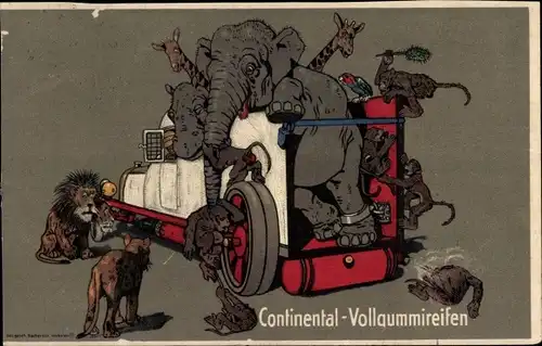 Ak Continental Vollgummireifen, Automobil, Elefant, Löwen, Giraffen, Affen