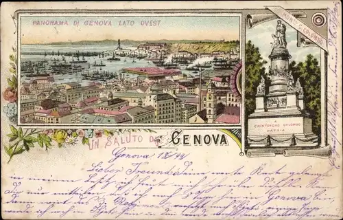 Litho Genova Genua Liguria, Panorama, Hafen, Monumento C. Colombo