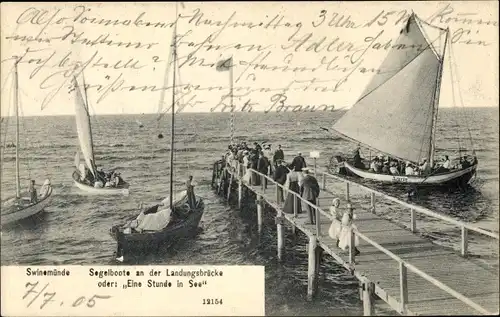 Ak Świnoujście Swinemünde Pommern, Segelboote an der Landungsbrücke