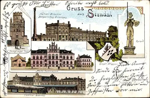 Litho Stendal, Aktien Brauerei Bürgerliches Brauhaus, Bahnhof, Gymnasium, Uenglinger Tor, Wappen