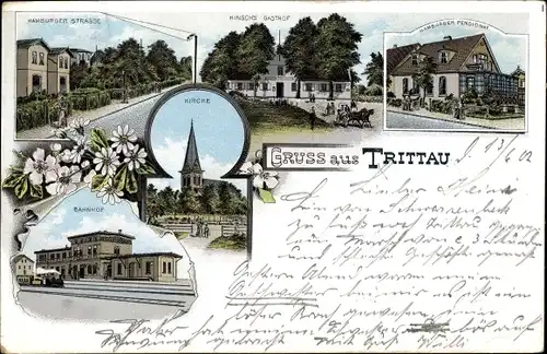 Litho Trittau Kr. Stormarn, Hamburger Straße, Hinsch's Gasthof, Bahnhof, Gleisseite, Kirche