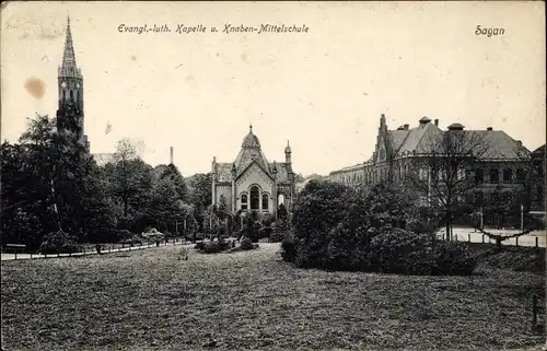 Ak Żagań Sagan Schlesien, Ev. luth. Kapelle, Knabenmittelschule