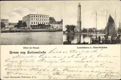 Ak Świnoujście Swinemünde Pommern, Hotel de Prusse, Leuchtturm, Chorzelin Osternothafen
