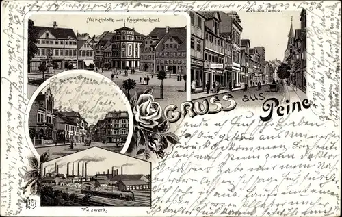 Litho Peine in Niedersachsen, Marktplatz, Kriegerdenkmal, Bahnhofstraße, Walzwerk