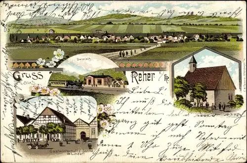 Litho Reher Aerzen Niedersachsen, Panorama, Bahnhof, Kirche, Gastwirtschaft zur Sonne