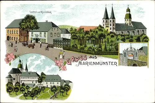Litho Marienmünster in Westfalen, Gasthof zum Klosterkrug, Kloster