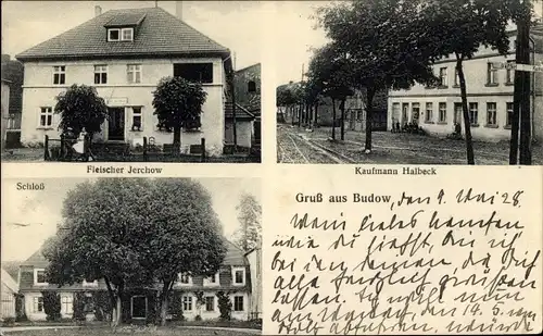 Ak Budowo Budow Pommern, Kaufmann Halbeck, Schloss, Fleischer Jerchow