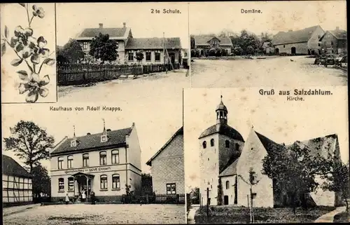 Ak Salzdahlum Wolfenbüttel in Niedersachsen, Kirche, Kaufhaus von Adolf Knapps, Schule