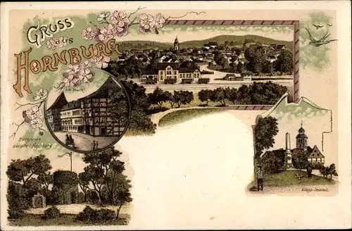 Litho Hornburg Schladen Werla Niedersachsen, Am Markt, Kriegerdenkmal, Burgruine