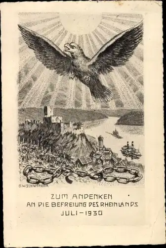 Künstler Ak Schwenzer, G.W., Zum Andenken an die Befreiung des Rheinlands, Juli 1930