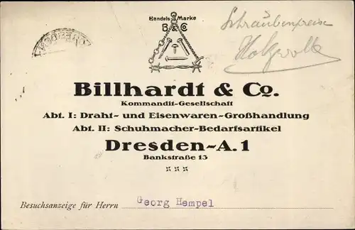 Ak Dresden Altstadt, Billhardt & Co., Draht- und Eisenwaren-Großhandlung, Bankstraße 13