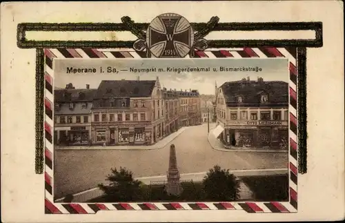 Passepartout Ak Meerane in Sachsen, Neumarkt, Kriegerdenkmal, Bismarckstraße, Eisernes Kreuz