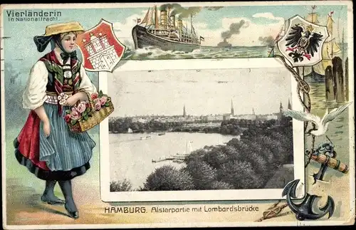 Wappen Passepartout Litho Hamburg, Alsterpartie, Vierländerin in Nationaltracht