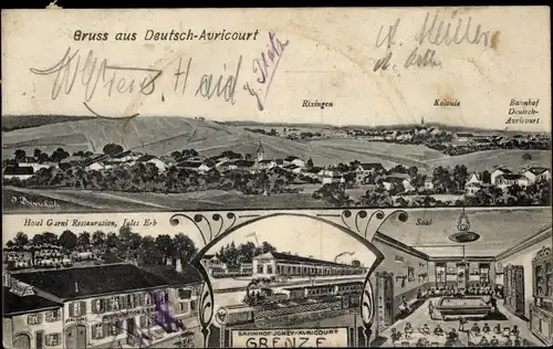 Ak Avricourt Allemand Deutsch Avricourt Meurthe et Moselle, Bahnhof Grenze, Hotel Jules Erb, Kolonie