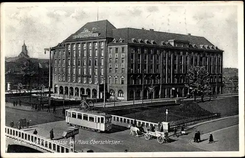 Ak Gliwice Gleiwitz Oberschlesien, Wilhelmstraße, Haus Oberschlesien, Straßenbahn