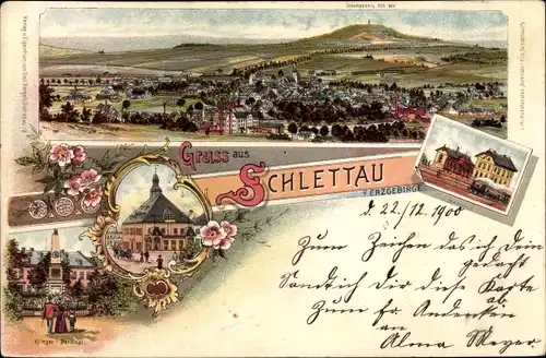 Litho Schlettau im Erzgebirge, Totalansicht der Ortschaft, Bahnhof, Rathaus, Kriegerdenkmal