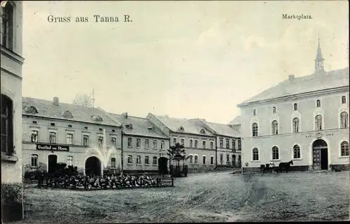 Ak Tanna in Thüringen, Marktplatz, Gasthof zum Stern, Springbrunnen