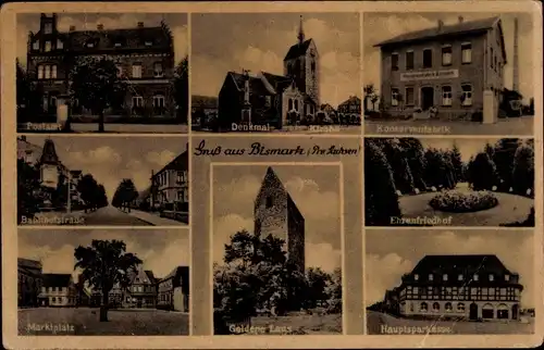 Ak Bismark in der Altmark, Kirche, Postamt, Konservenfabrik, Ehrenfriedhof, Hauptsparkasse, Markt