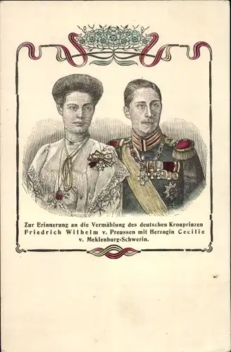 Ak Kronprinz Wilhelm von Preußen, Kronprinzessin Cecilie von Preußen, Erinnerung an die Vermählung