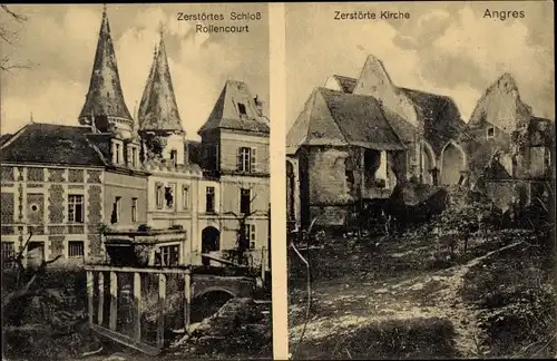 Ak Angres Pas-de-Calais, zerstörtes Schloss Rollencourt, zerstörte Kirche, 1. WK