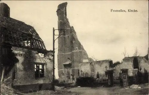 Ak Fromelles Nord, Kirche n. d. Kämpfen bei Neuve Chapelle