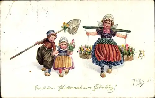 Künstler Ak Thiele, Arthur, Glückwunsch Geburtstag, Kinder in niederländischen Trachten, Blumen